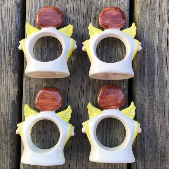 4 vintage ceramic ANGEL NAPKIN HOLDERS / RINGS Christmas Holiday Hand Painted - Picture 2 of 5
